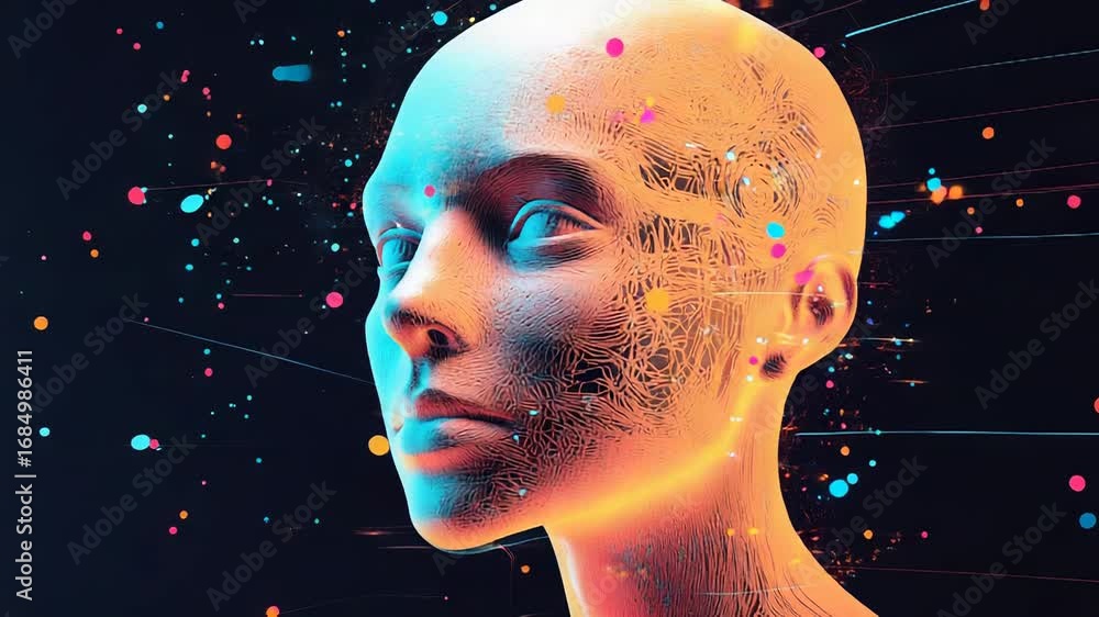 Poster artificial intelligence, human head wireframe processing data stream