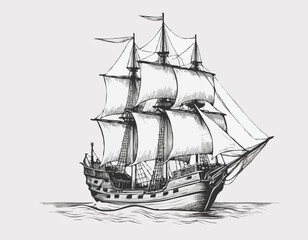 Pirate ship sailboat retro sketch hand drawn engraving style Vector illustration