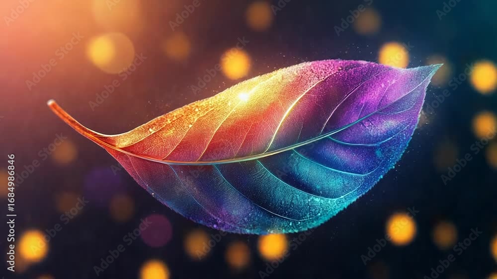 Poster colorful glowing leaf is floating on dark background with bokeh