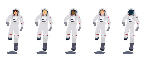 A set of flat illustrations of woman astronauts of various races jumping lightly. Diverse Astronauts Flat Design Vector Illustration. © globeds