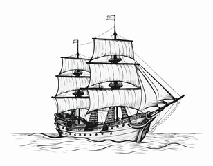 Pirate ship sailboat retro sketch hand drawn engraving style Vector illustration