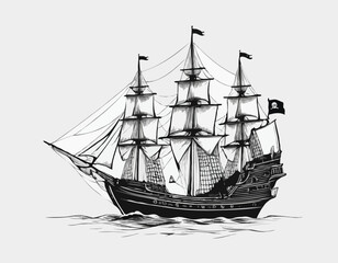 Pirate ship sailboat retro sketch hand drawn engraving style Vector illustration