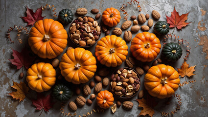 A collection of orange and green pumpkins arranged with various nuts and autumn leaves on a textured surface