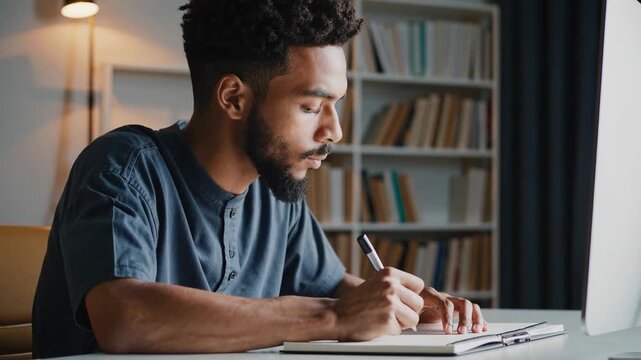 A man writes in a notebook while the man sits at a desk in a room with bookshelves. The man focuses on writing in the quiet study space.