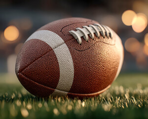 American football ball on green grass field close up with blurred stadium lights in background, showing textured leather and white laces in warm lighting