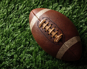 American football ball with leather texture and laces on green grass field closeup, symbolizing sport and competition excitement