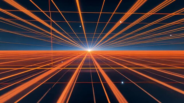 Abstract glowing orange grid with perspective lines converging into bright light horizon on futuristic dark space