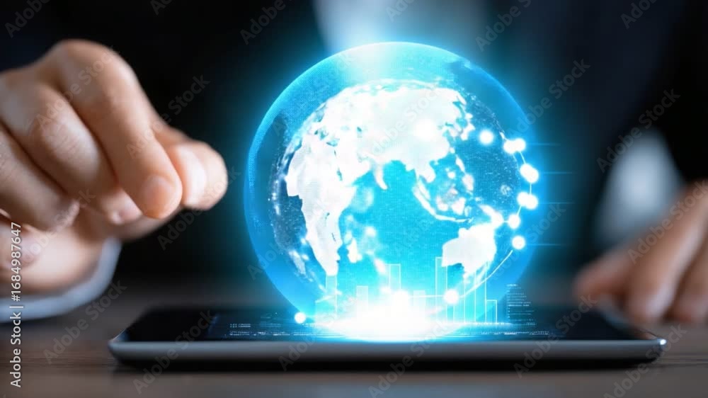 Poster a professional hand interacts with a smartphone displaying a digital globe, symbolizing innovation a