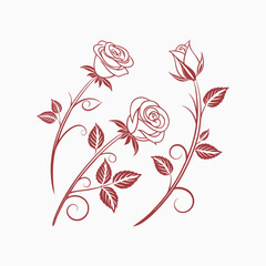 set of decorative hand drawn roses isolated on white background