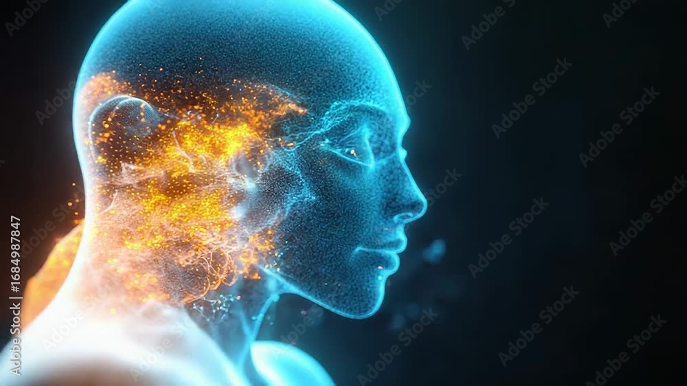 Poster artificial intelligence face emerging from futuristic data cloud