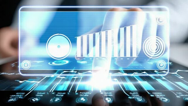 A close-up of a hand interacting with a futuristic touchscreen interface, featuring graphs and digital data displays, representing innovation in technology and modern business solu