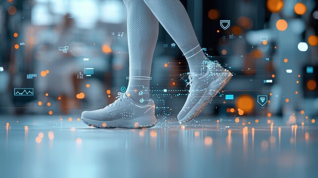 Dynamic footsteps futuristic gym digital animation urban setting close-up view motion tracking technology