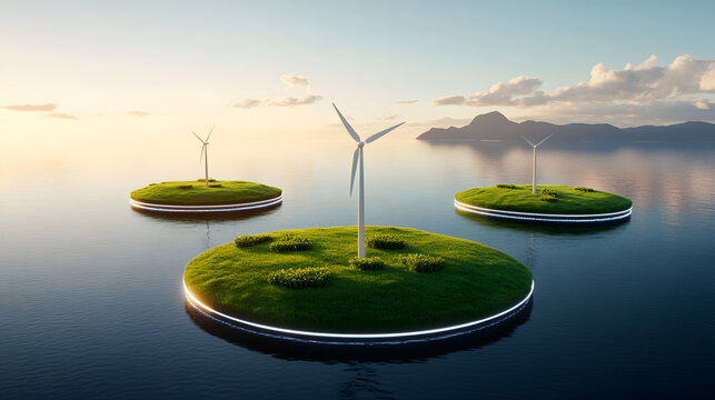 Floating island wind turbine renewable energy eco city futuristic clean power green technology solar light ocean sunset serenity Floating island with wind turbine and eco city concept - Powered by Adobe