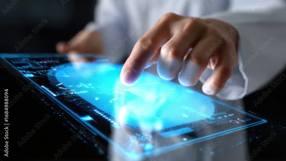 Poster a close-up of a hand interacting with a futuristic holographic touchscreen, showcasing the advanced 