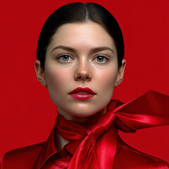 Young woman with smooth skin and red lipstick wearing shiny red blouse and large silk bow scarf, posing against vibrant red background with confident expression