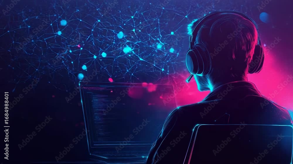Poster programmer working with headset and laptop in futuristic environment