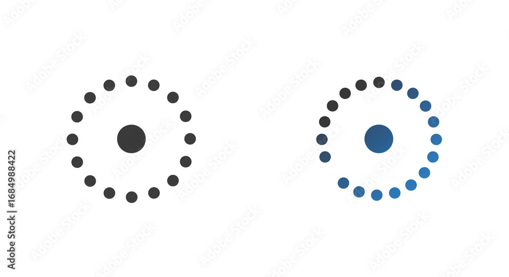 Poster two circular designs with central dot and surrounding dots in contrasting colors on white background