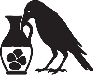 A black-and-white silhouette illustration inspired by Aesop’s fable “The Crow and the Pitcher.” The image shows a crow standing beside a pitcher, interacting with round objects—likely stones—inside it