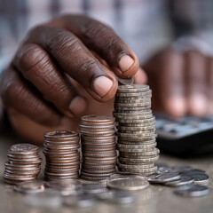 Stack of coins with hand adding coin and calculator in background showing budget analysis and cost management concept