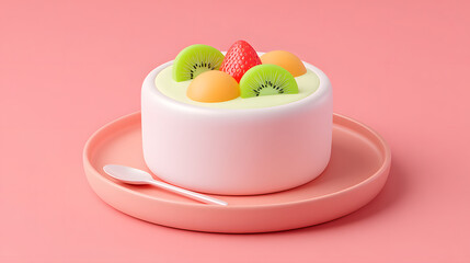 Cream dessert fruit topping strawberry kiwi melon pink background ceramic bowl dessert plate spoon minimal style