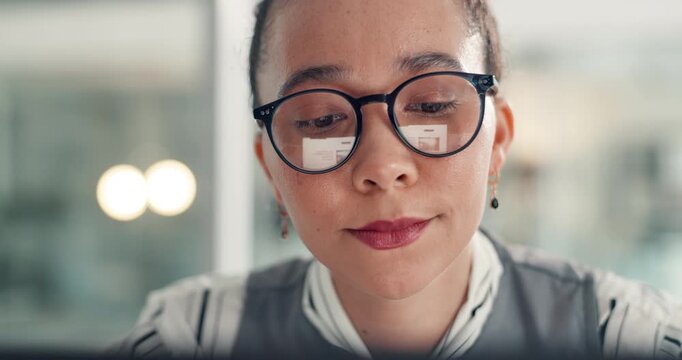 Business woman, analyst and reading with glasses in office for online research or information. Female person, employee or insight with technology for web service or competitive analysis in workplace