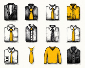 Folded formal shirts and ties in black, white, and yellow colors with yellow sweater, showcasing business and casual styles in hand drawn sketch style with detailed shading and texture