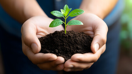 Hands soil seedling green growth nurture sustainability environment nature gardening Emerging seedling cupped hands with rich soil, green leaves glowing softly, symbolizing growth, nurture