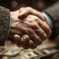 Handshake between two people in business setting with money on table, symbolizing financial partnership and agreement with warm, cooperative atmosphere