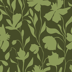 Seamless floral vector concise delicate green vintage retro handmade pattern for fabric design decor ceramics postcards textured print elements on a dark background