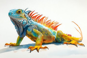 Obraz premium Vibrant Iguana with Bright Orange Spikes on a Clean White Background.