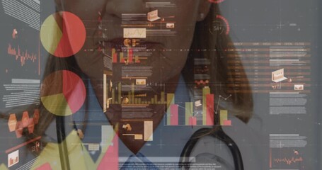 Animation of financial data over midsection of senior caucasian female doctor - Powered by Adobe