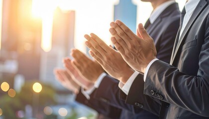 Business professionals clapping together at an outdoor event during golden hour symbolizing teamwork, success, motivation, recognition, unity, and achievement