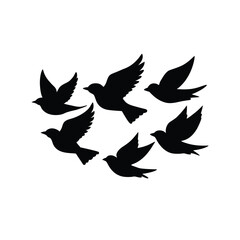 Five Silhouettes of Birds in Flight: Elegant Black Bird Silhouettes on White Background, Vector Illustration, Peaceful Design