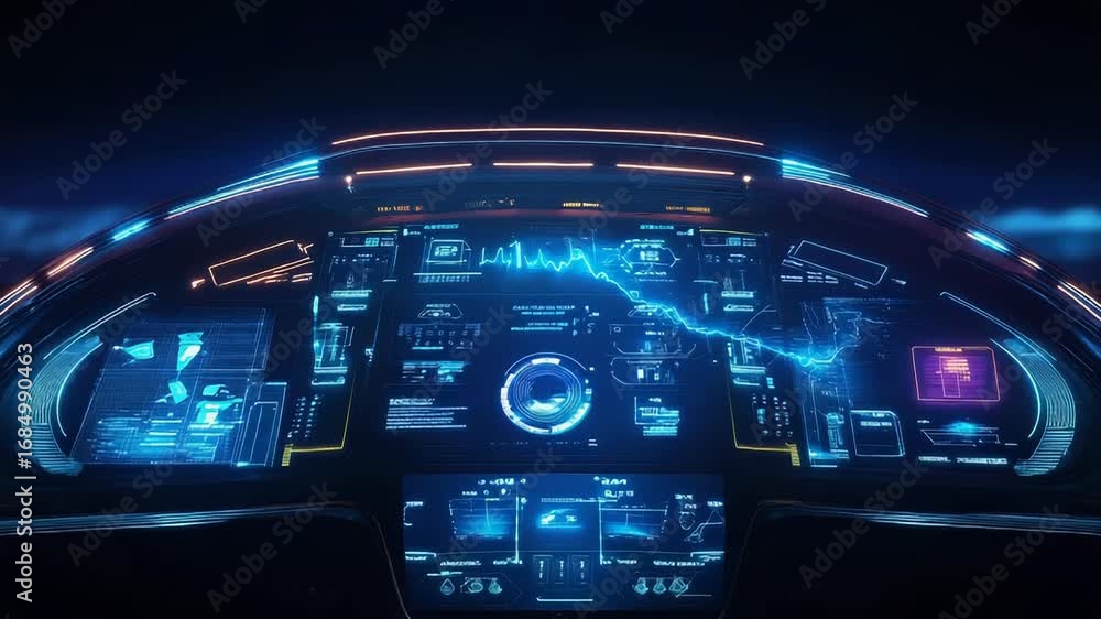 Poster futuristic spaceship cockpit control panel showing flight and navigation data