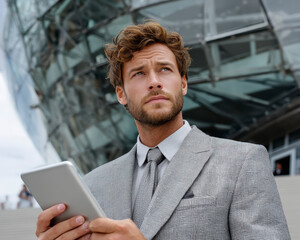 Businessman in suit holding tablet outdoors near modern glass building, looking thoughtful and confident with curly hair and beard in professional attire