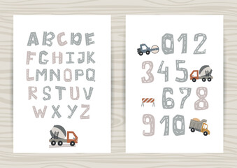 Set of posters with alphabet and numbers with construction equipment. Perfect for children's bedroom, decorating a nursery, kindergarten and wall decorations.