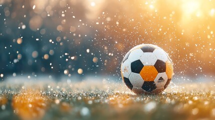 Fototapeta premium Exciting soccer match in rainy weather outdoor field sports photography dynamic atmosphere close-up view passion for the game