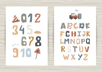 Set of posters with alphabet and numbers with construction equipment. Perfect for children's bedroom, decorating a nursery, kindergarten and wall decorations.