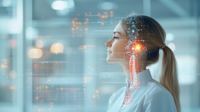 Exploring ai integration female innovator tech lab digital art futuristic environment side view human-machine collaboration