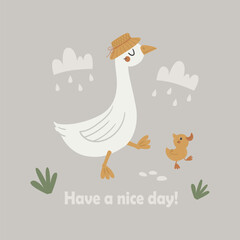 Children's poster with a cute family of geese. Ideal for decorating children's rooms, cards and other children's products