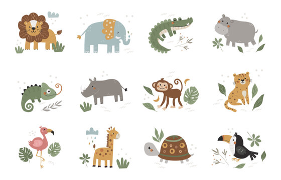 Vector set of ready-made compositions with animals of the savannah. Perfect for children's clothing, cards, posters, banners, children's books and more