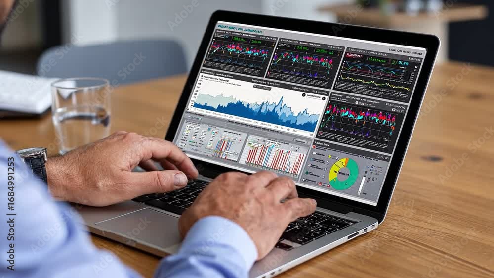 Poster a person analyzing data on a laptop, surrounded by charts and graphs. the scene illustrates a modern