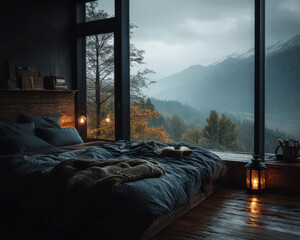 Cozy bedroom with dark bedding and warm lighting overlooking rainy window and misty mountain landscape, creating calm and restful atmosphere for relaxation and sleep