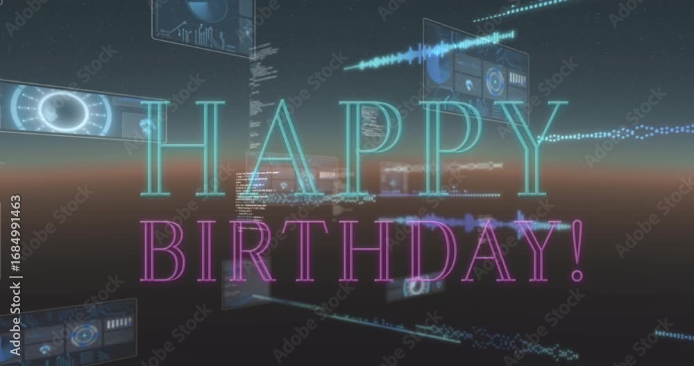 Aufkleber animation of happy birthday text and data processing on black background