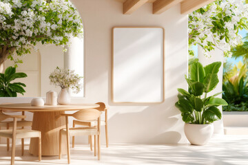 Modern minimalist dining area with a round wooden table