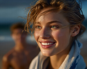 Young woman smiling with wet hair and glowing skin at beach during golden hour, candid portrait with blurred background and warm natural light
