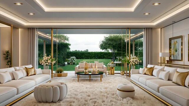 Elegant luxury living room interior with modern furniture, large glass windows, and bright natural daylight view