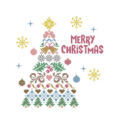 Colorful pixel art Christmas tree with ornaments and text Merry Christmas, festive holiday design.