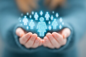 Glowing human figures held in cupped hands people blue