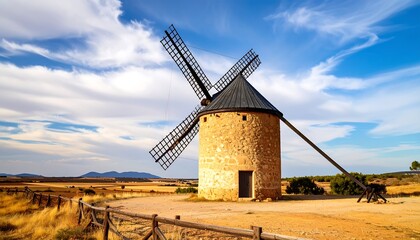 A historic windmill stands tall amidst a golden, open landscape under a vibrant blue sky